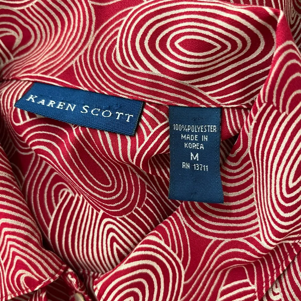Karen Scott Swirl Pattern Red Ruffle Placket Blouse Sz M - Image 9