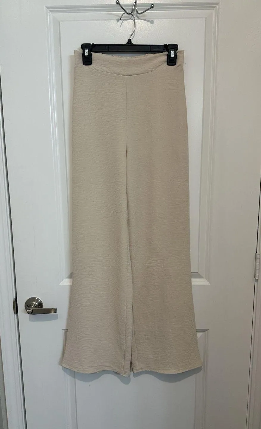 21 Saints Beige Wide Leg Palazzo Pants M Pull On High Waist Crinkle Texture - Image 1