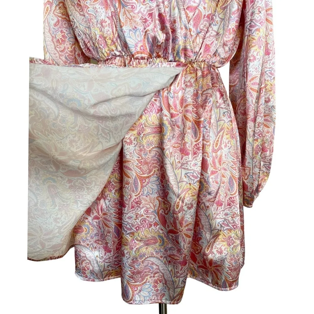 PEACH LOVE Mini Dress Pink Paisley Puff Sleeves Faux Wrap Elastic Waist Medium - Image 8