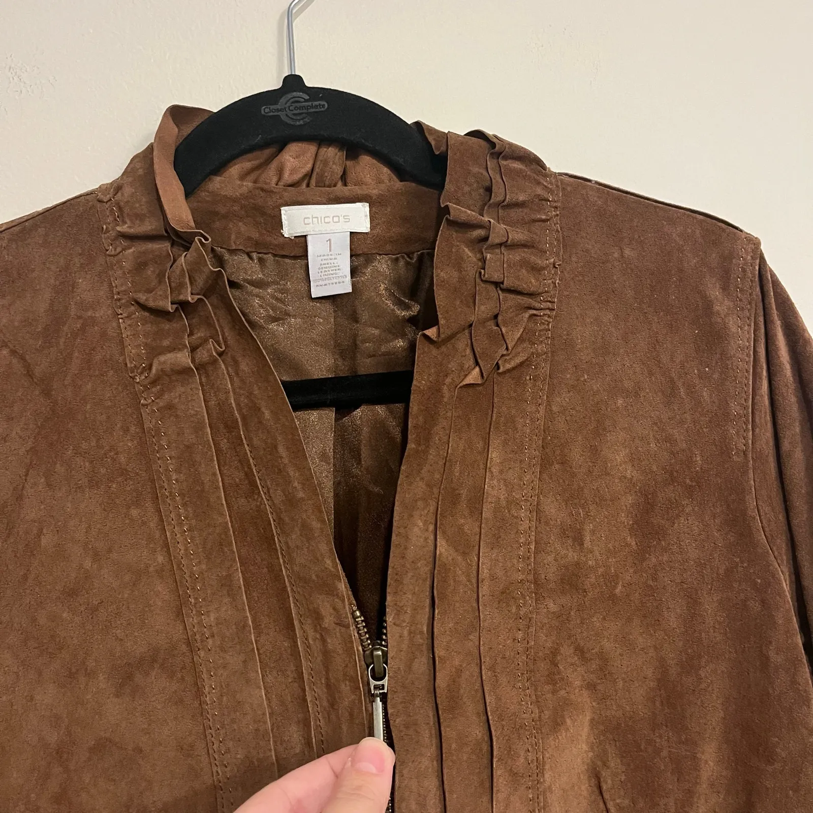 Chico's Jacket Suede Leather Ruffle Neckline Brown Carmel Size 1 (US Medium) - Image 4
