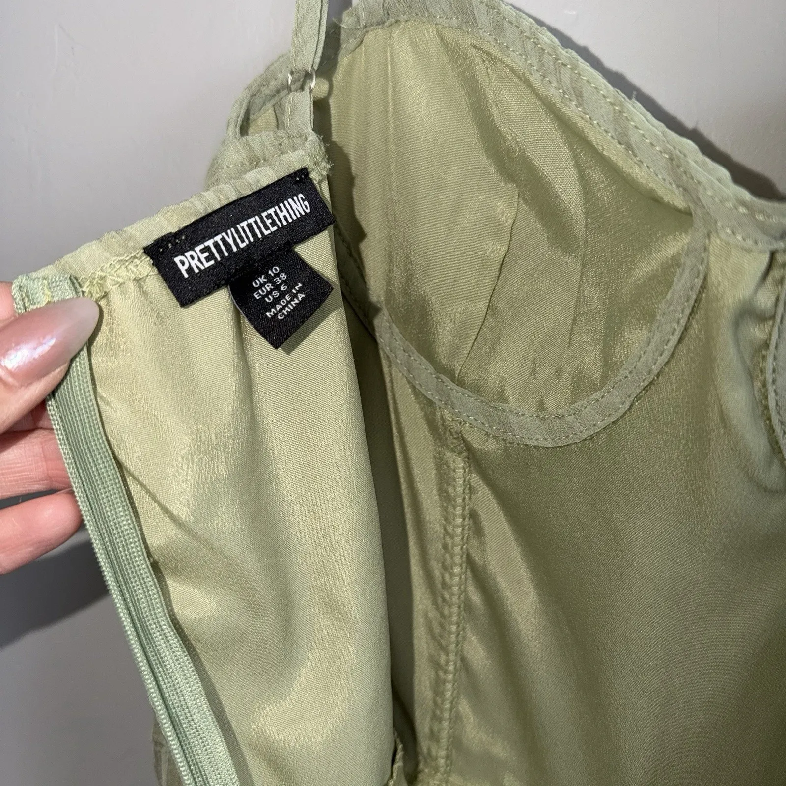 Prettylittlething PLT Sage Green Jumpsuit Pinstripe Spaghetti Strap Sz US 6 UK10 - Image 6