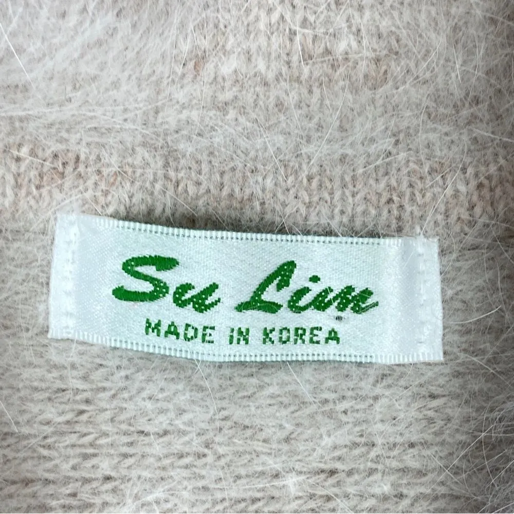 Vintage Su Lim Floral‎ Embroidered Angora Sweater Taupe Pearl Embellished PM Tan Size undefined - Image 11