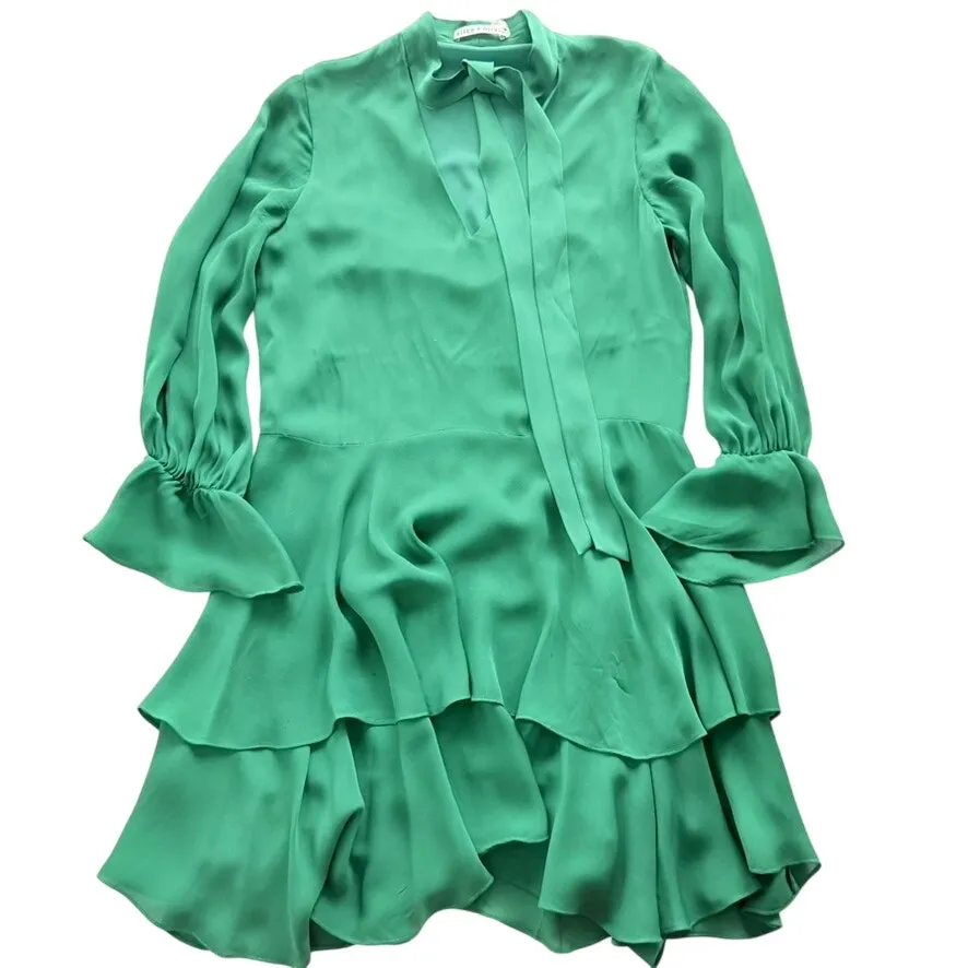 Alice + Olivia Moore Tiered Dress Green Silk Size Small Ruffle Long Sleeve Short - Image 3