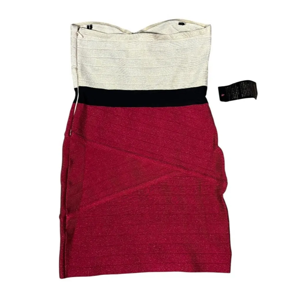 New Bebe Bandadge Dress Size XL Bodycon Red Gold Shimmer Mini Cocktail Glam Gala - Image 3