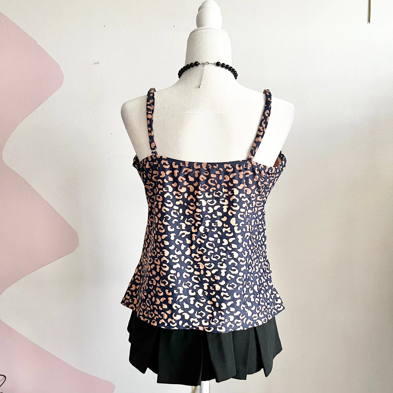 Navy Beige‎ Leopard Print Tankini, Retro, 2000s Resortwear, Bimbo, XL, Vacation - Image 2