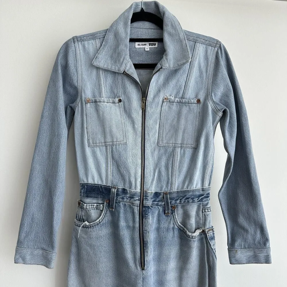 RE/DONE X Levis Jumpsuit Womens XS Denim Flared Distressed Indigo Reconstructed - Image 3