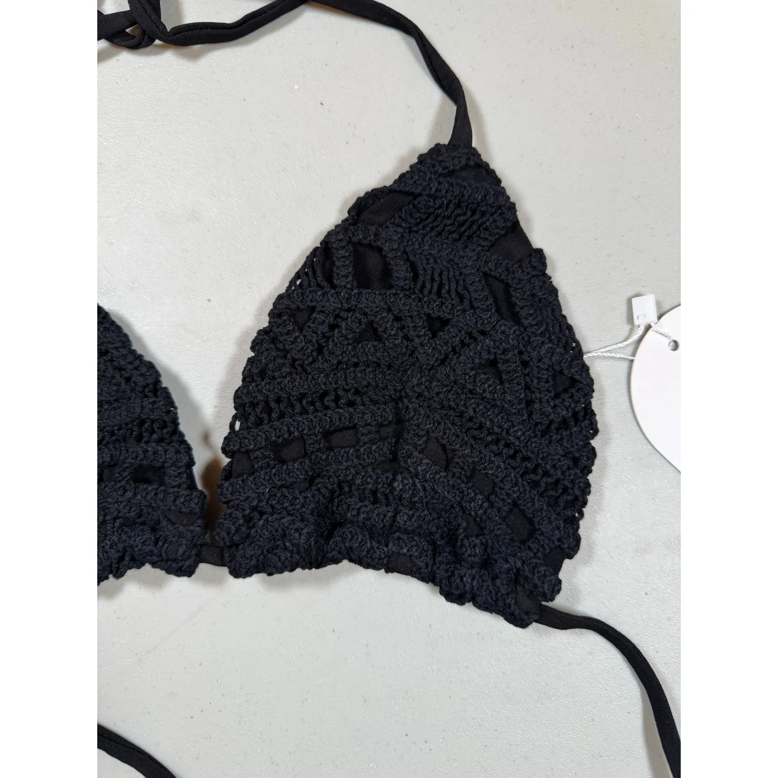 RUMER Black Crochet Bikini Top Medium Triangle Swimwear Festival NWT Boho Tie - Image 2