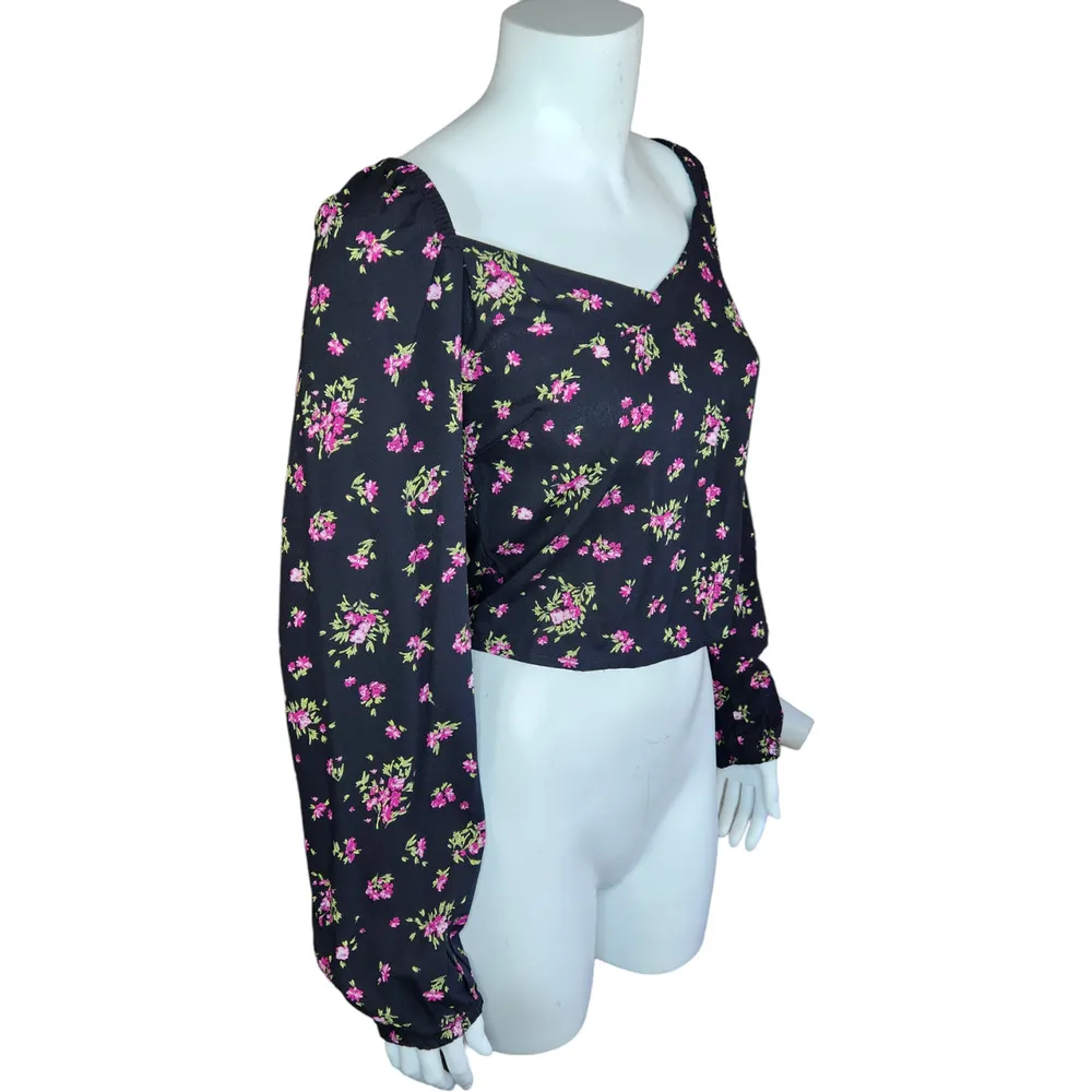 Vero Moda Womens Medium VMANNA Long Sleeve Crop Top Black Pink Floral Smock NWT - Image 10