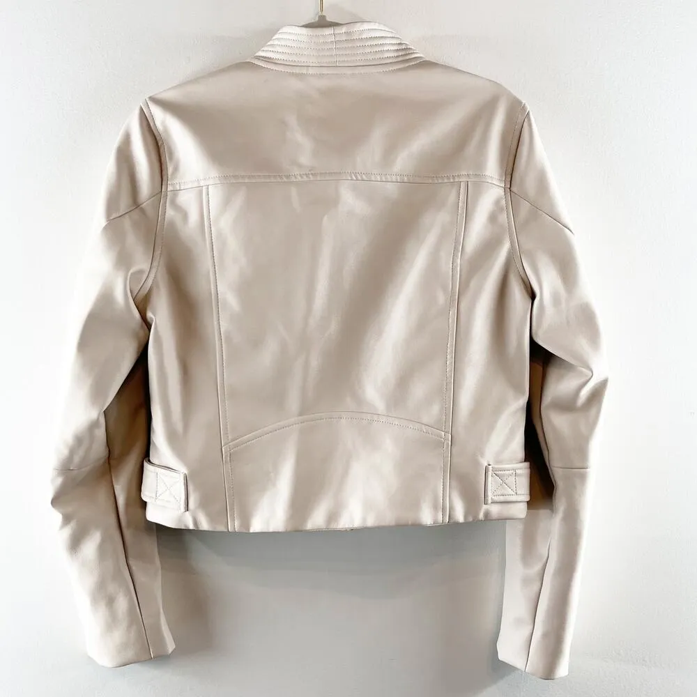 Blank NYC Faux Leather Long Sleeve Crop Asymmetric Full Zip Moto Jacket Cream M - Image 10