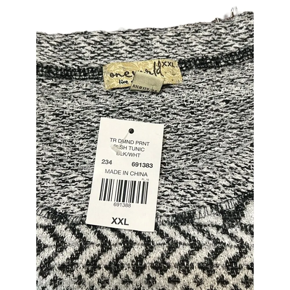 One World Diamond Print Pullover Tunic Sweater Black White Asymmetrical XXL NWT - Image 4