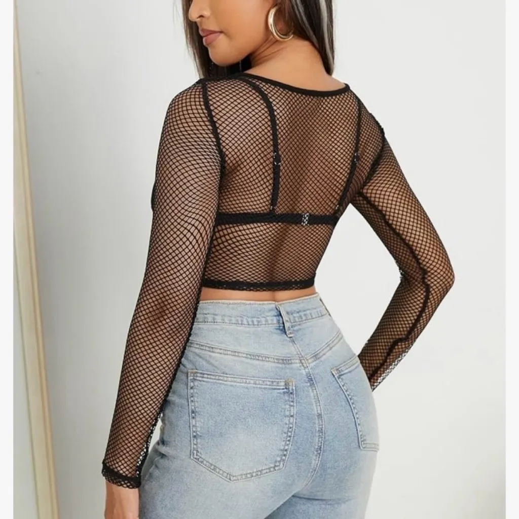 Shein Black Mesh Petite Long Sleeve Crewneck Crop Top Size Small Petite - Image 3