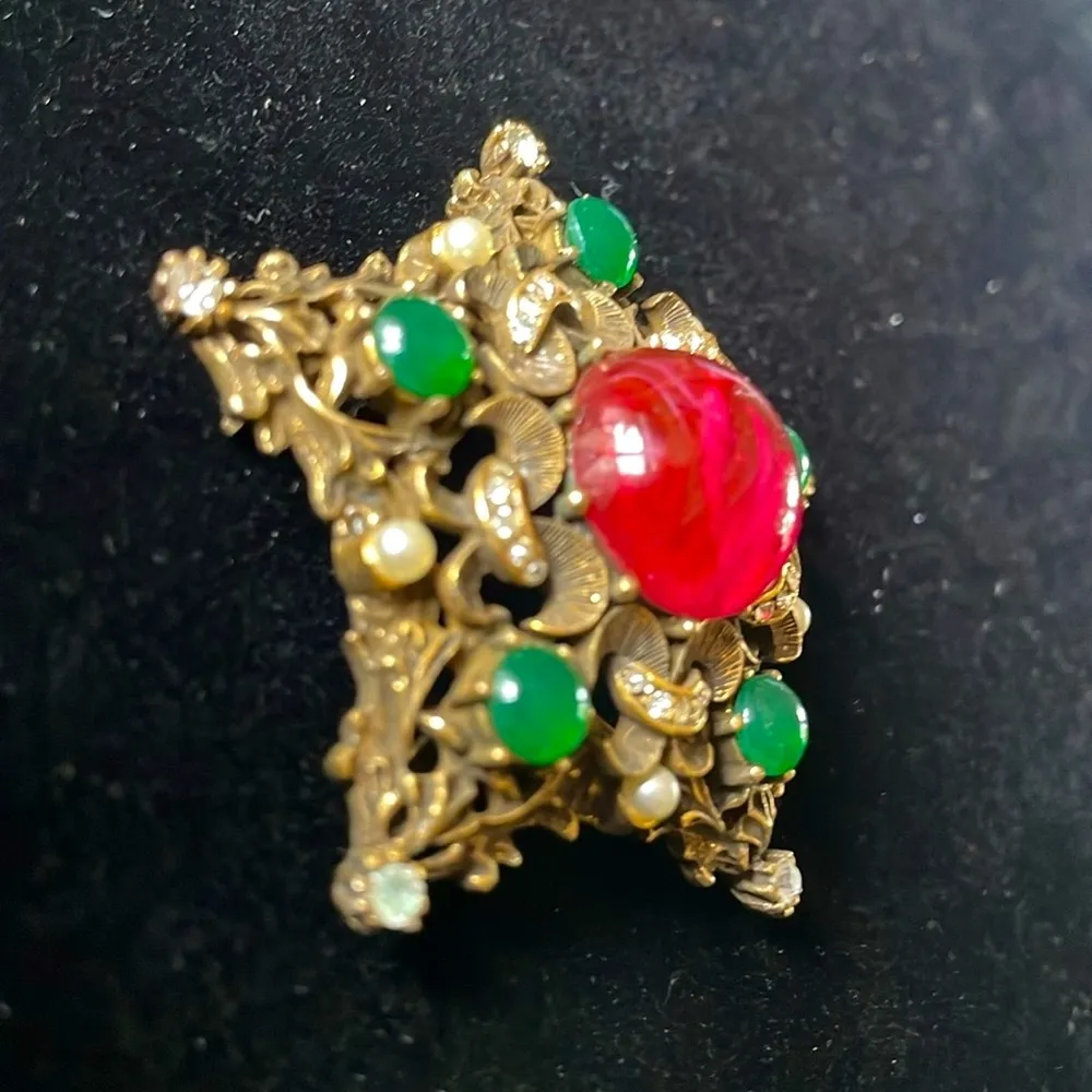 ART Nouveau Antique Pink & Green Jelly Belly Signed SA. Star Brooch Pendant - Image 2