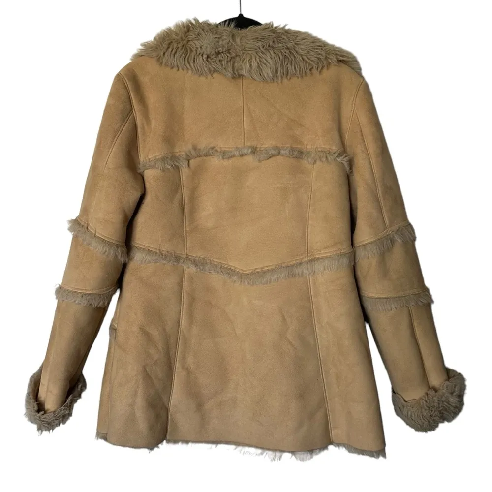 Aziza Y2K Faux Fur Suede Fur Lined Coat 3 Button Jacket Tan XL - Image 2