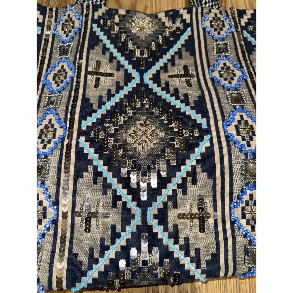 Stephanie‎ Nicole Womens Anthropologie Southwestern Tote Bag Large Blue Silver - Image 2