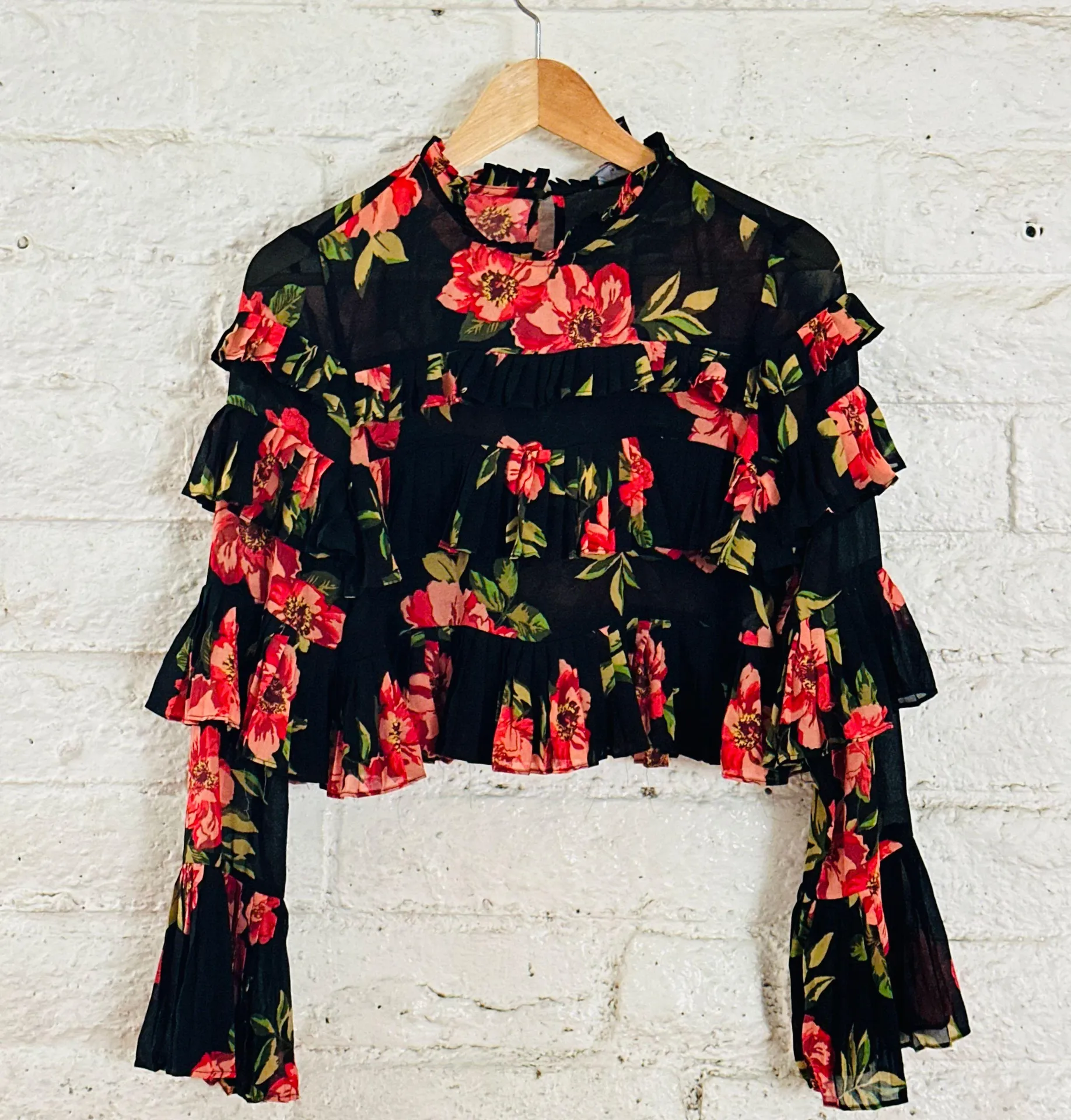 Black Floral Print Ruffle Blouse Size S - Image 3