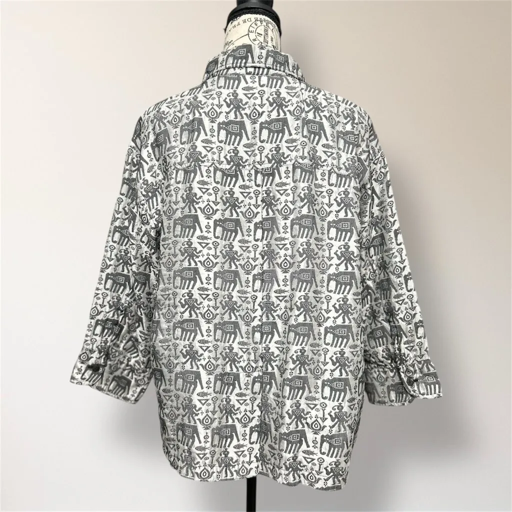 Vintage Chicos Design 2 Gray Tribal Silk Blend Embroidered Jacket Artsy Boho‎ L - Image 5