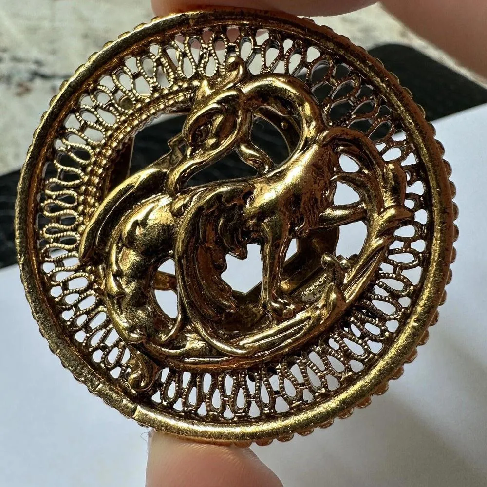 ART Signed Gold Tone Dual Brooch Pin Scarf Clip Greek Mythical Phoenix - Image 2