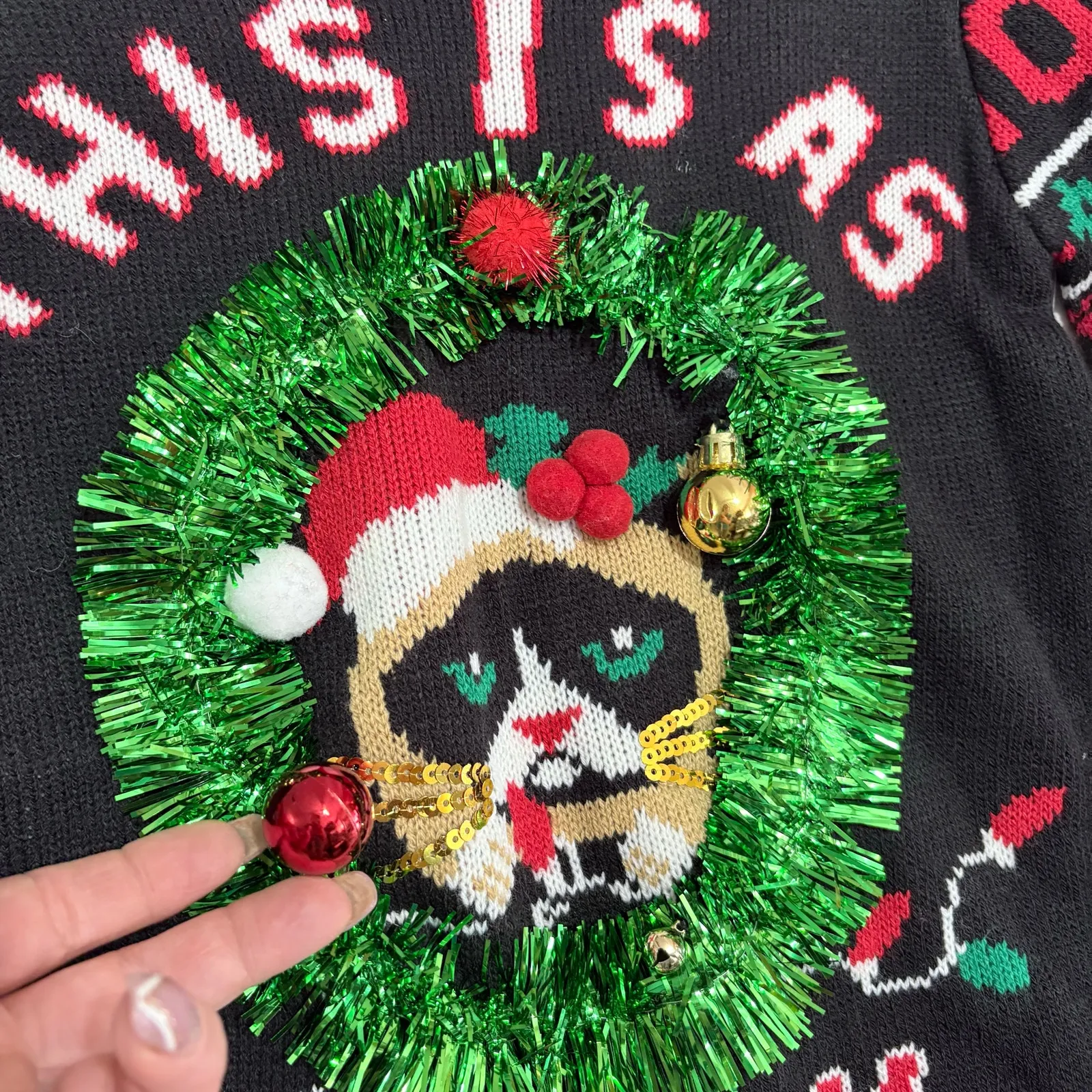 Grumpy Cat Funny 3D Ugly Christmas Women Sweater size XS/S Whimsical Holiday Black - Image 3