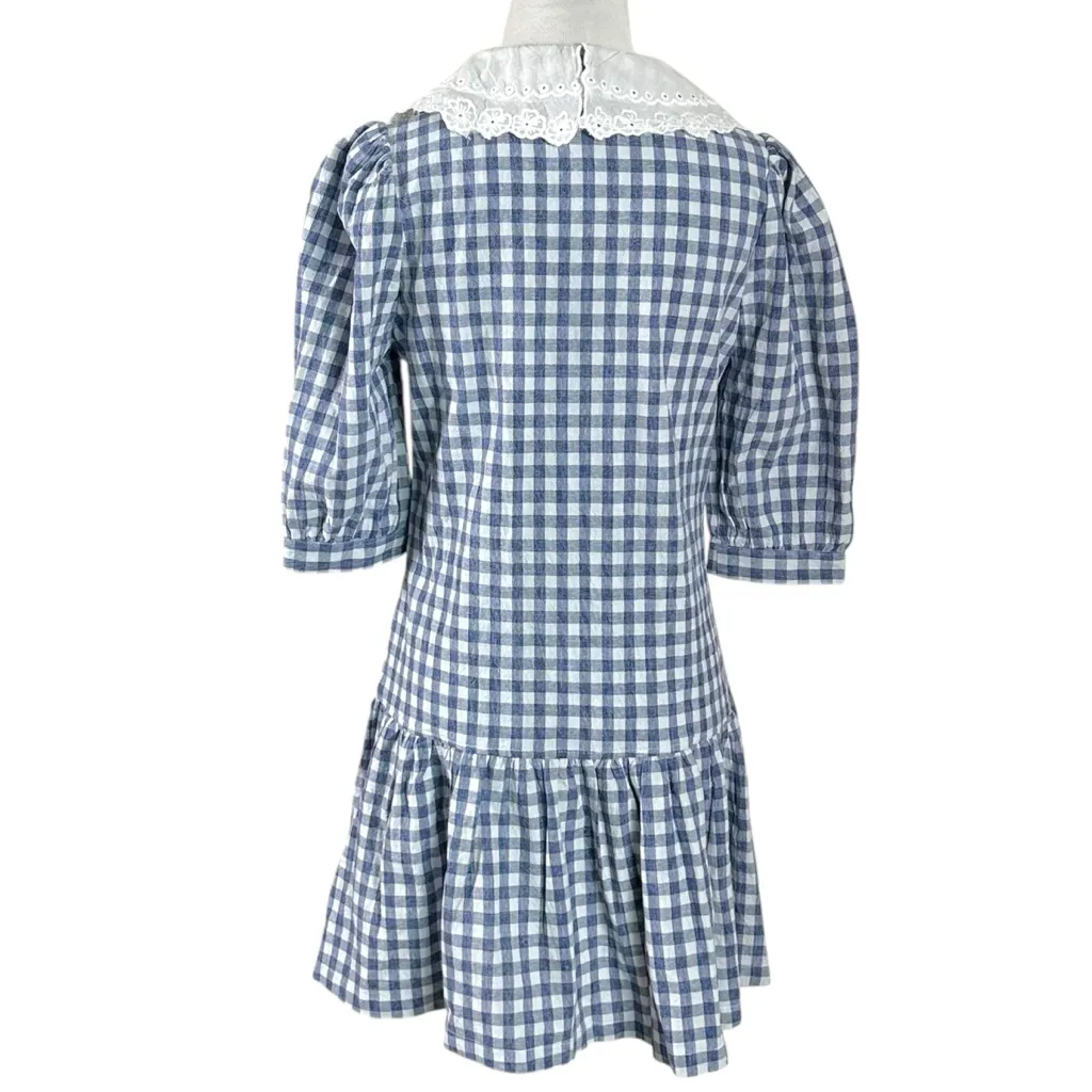 Vicky & Lucas Gingham Peter Pan Collar Doll Core Tiered Ruffle Mini Dress Small Blue - Image 4