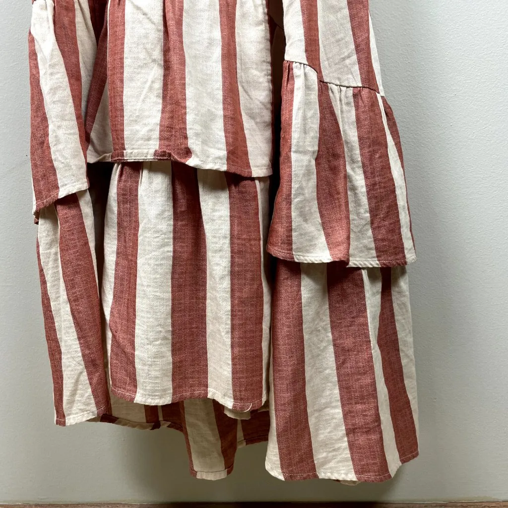 Knox Rose Wrap Dress‎ L Maxi V-Neck Striped Cream Brick Tiered Short Puff Sleeve - Image 7