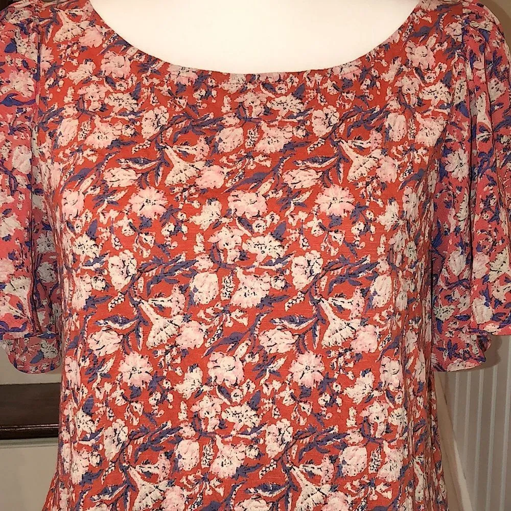 LUCKY BRAND Flutter Sleeve Rust, Navy, Ivory Floral Shirt With Floral Hem Sz SM - Image 6