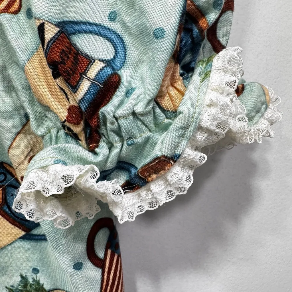 Vintage Handmade Skirt and Shirt Set Whimsical Teacups Polka Dots Ruffles Lace Green Size M - Image 9