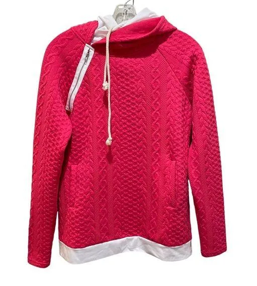 andthewhy Textured Knit Double Layered Hoodie Sweatshirt Pink White Size Small - Image 1