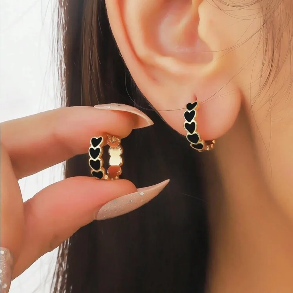 Gold and Black Heart Hoop Earrings - Image 2