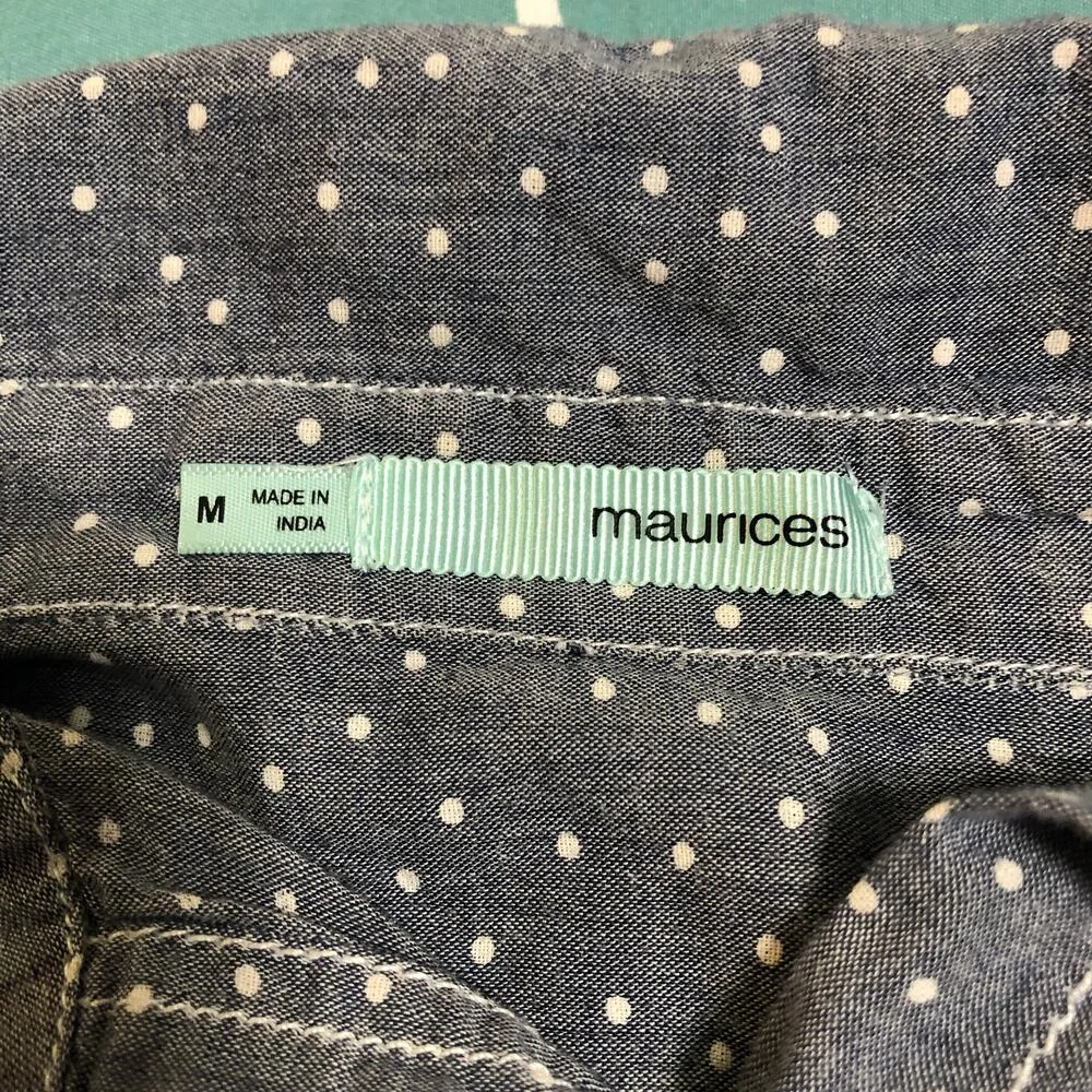 Maurices MEDIUM Navy Polka Dot Button Down Roll-Tab Shirt - Image 7