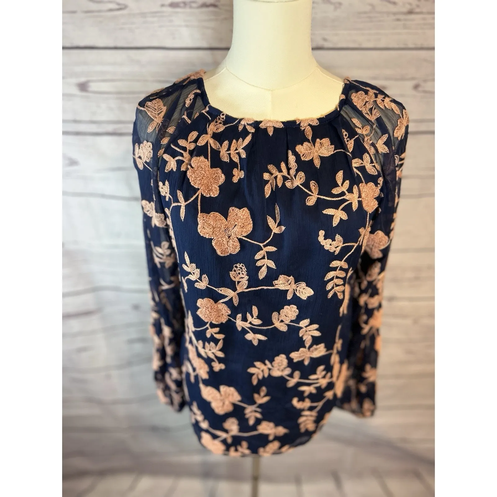 Sunday in Brooklyn Navy Blue Rose Gold Floral Embroidered Blouse XS Long Sleeve Pink - Image 2