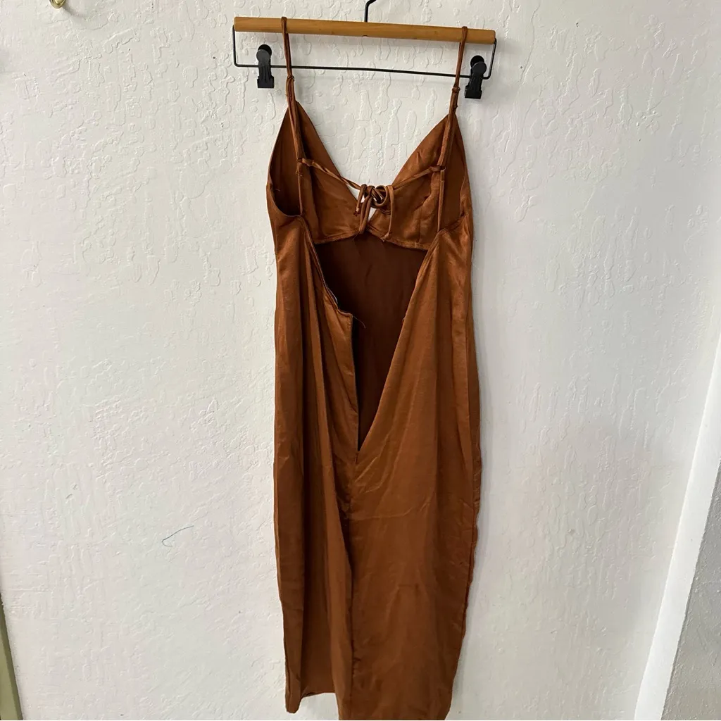 Wild Fable Brown Satin Slip Dress MIDI Adjustable Strap Side Slit Dress M - Image 4