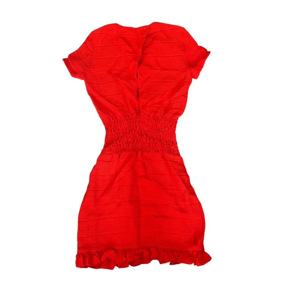 Maje Red Textured Smocked Waist Short Sleeve Ruffle Hem Dress Size 1 - Image 3