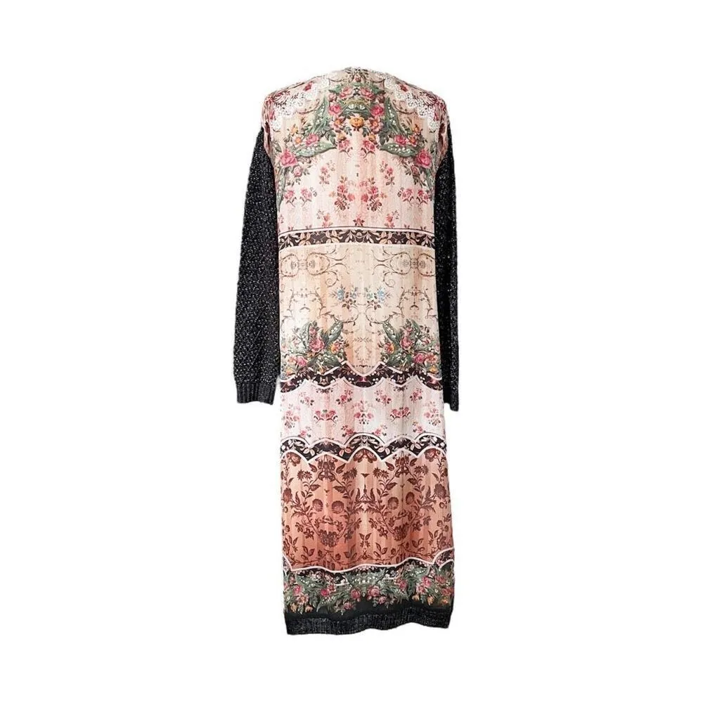 Aratta Silent Journey open Knit Tunic Duster Sweater Floral Panel Size Small Gray - Image 4