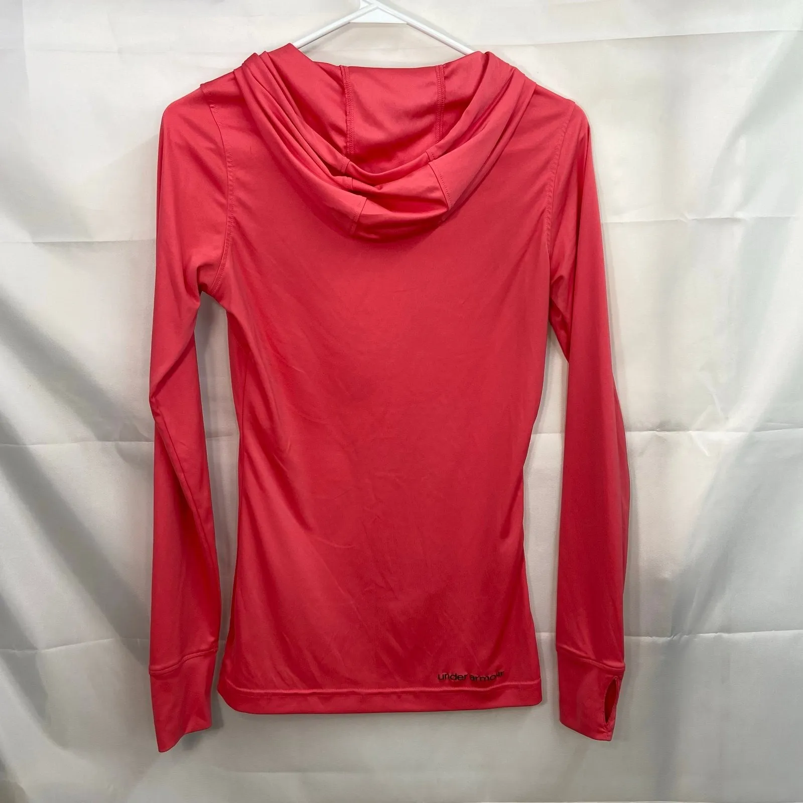 Under Armour women's coral pink‎ hooded heat gear stretch active shirt fitted S - Image 7