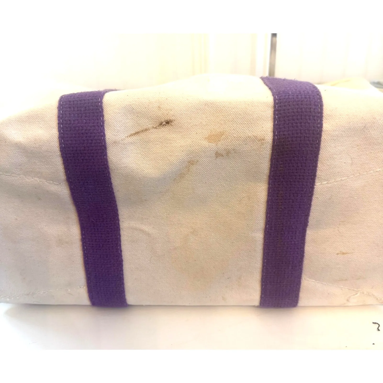 Vintage 80's LL Bean Factory Store Boat & Tote Leather Handle Bag Striped Purple - Image 9
