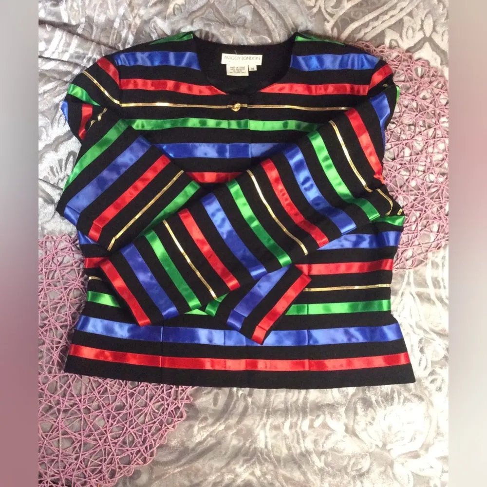Colorful Ribbon on Black Blazer - Maggy London Suit Jacket Size 14 Petites - Image 10