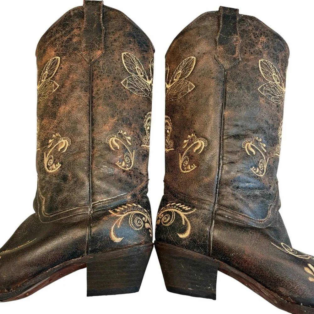 Circle G Distressed  Bone Dragonfly Embroidered Snip Toe Boots, Sz 10.5 - Image 10