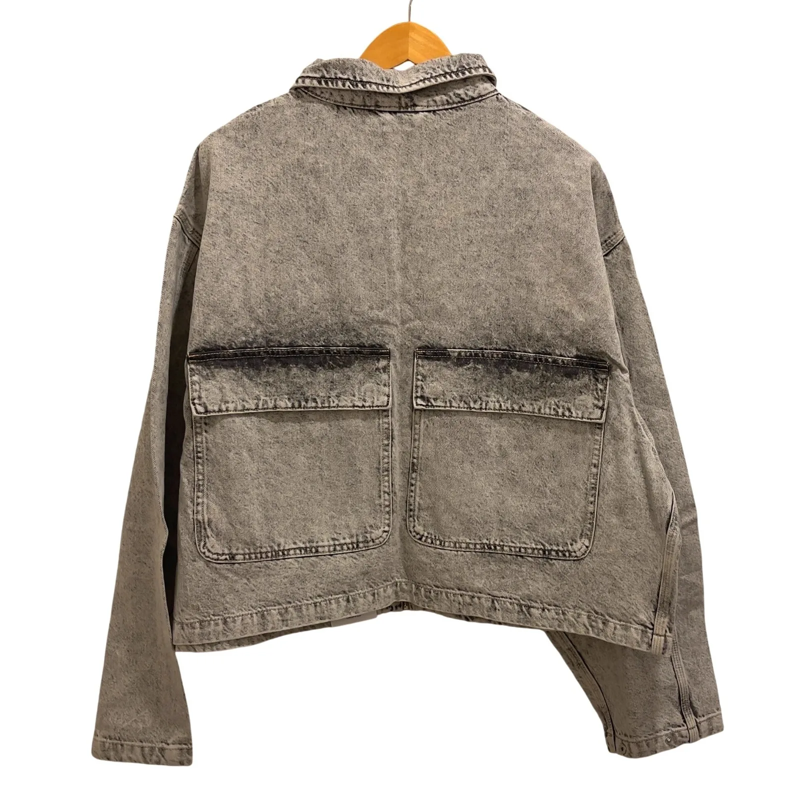 Bershka Acid Wash Gray Cropped Denim Jacket Oversized Trucker Style Large - Image 2