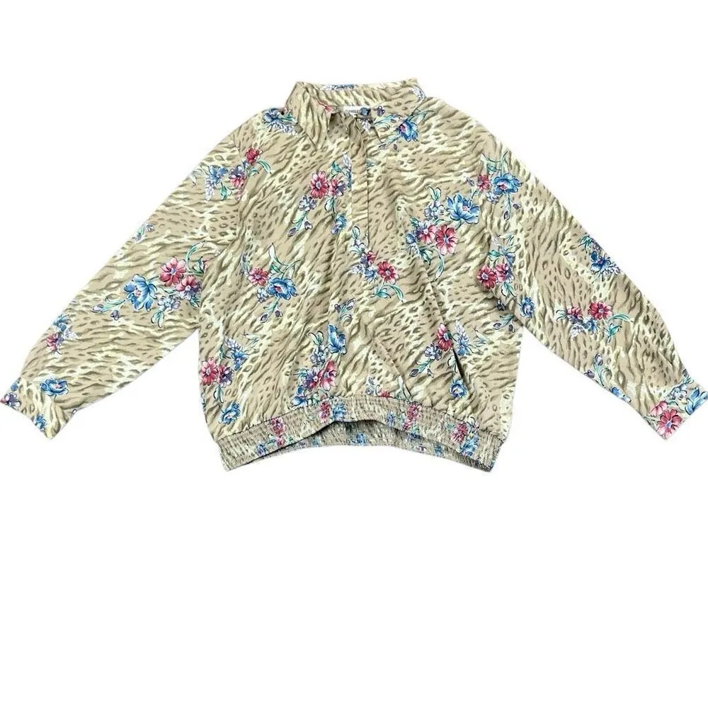 Alfred Dunner Tan Floral Leopard Animal Print Long Sleeve Blouse 24W - Image 2