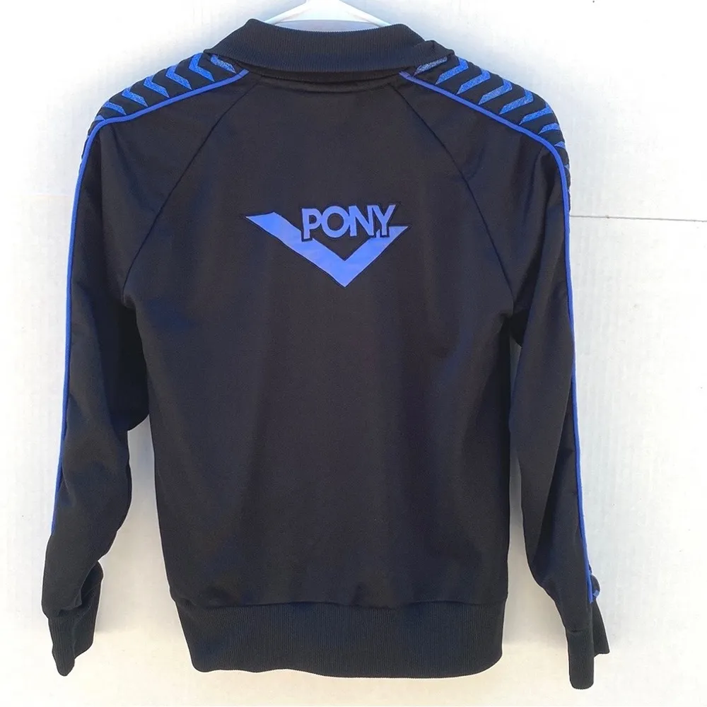Pony Women Medium vintage Track Jacket Black & Blue Zip Up Coat With Logo - Image 2