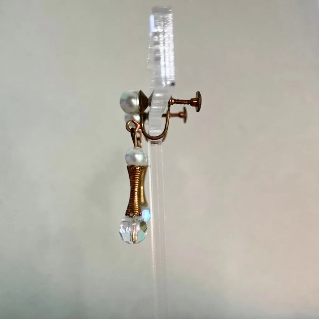 Vintage 60s Gold Tone Faux Pearl AB Crystal Drop Screw Back Clip Earrings Retro - Image 4