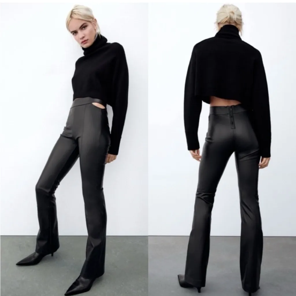 ZARA Faux Leather Leggings with Side Cut Out Detail Back Zipper Black Size L - Image 2