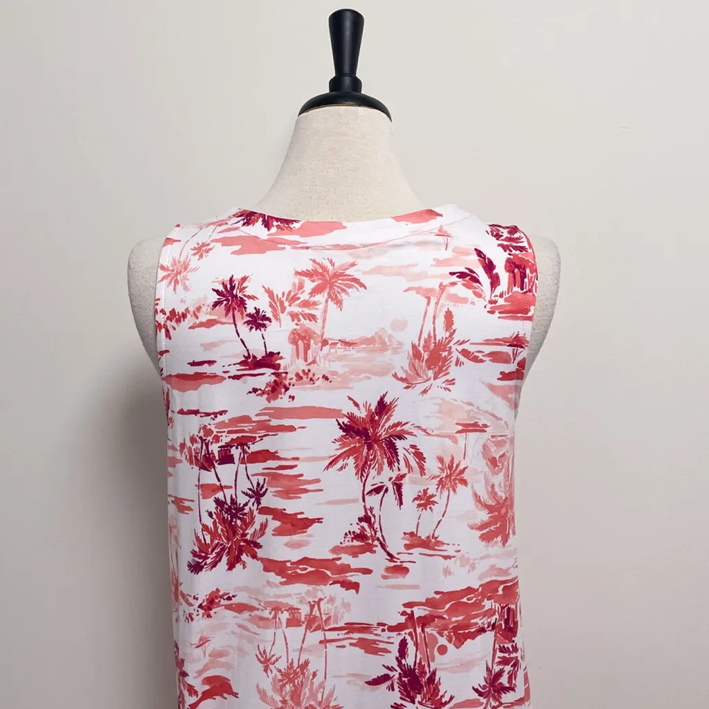 Cuddl Duds White Coral Beach Scape V Neck Sleeveless Midi Dress Large Palm Trees - Image 9