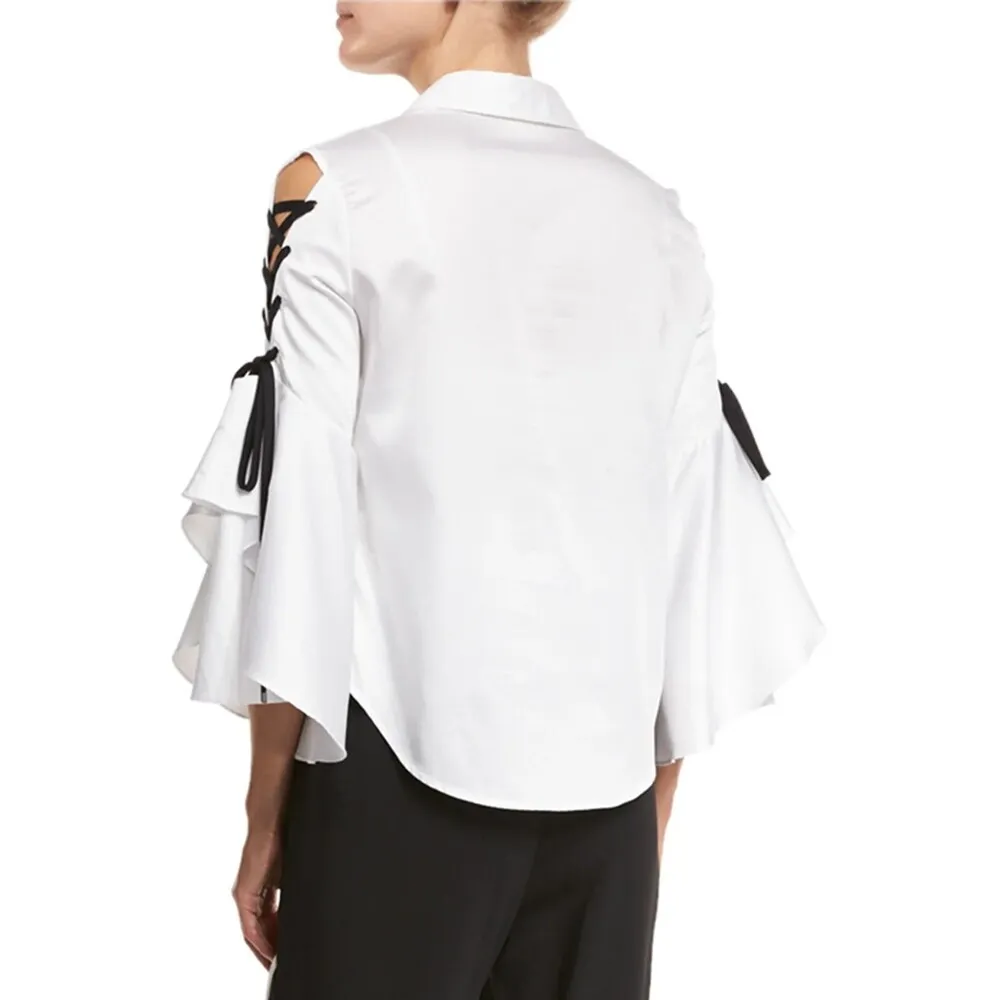JONATHAN SIMKHAI White Lace Up Bell Sleeve Tier Polin Shirt S Business Office - Image 2