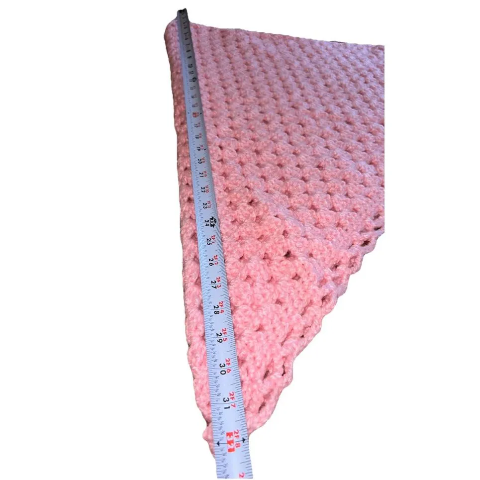 Vintage 1970’s Pink Crochet Triangle Shawl Wrap Poncho 62x32" Granny Stitch Boho - Image 7