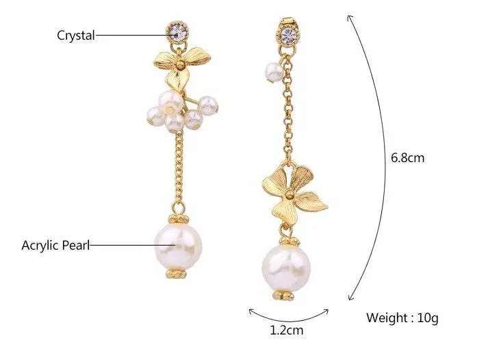 Flower Crystal Pearl Drop Stud Earrings Gold - Image 4