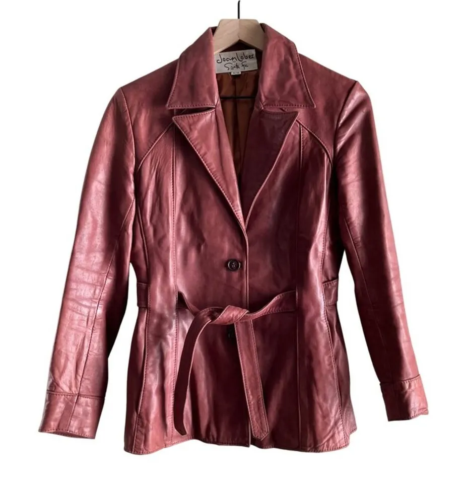 Vintage 70s Belted Leather Jacket Brick Red Button Front Joan Lober Santa Fe, S - Image 1