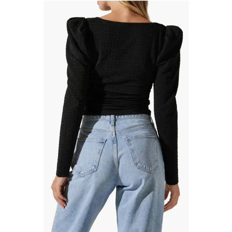 ASTR the Label Puff Shoulder Textured Knit Crop Top SIze XS New with‎ Tags Black - Image 3
