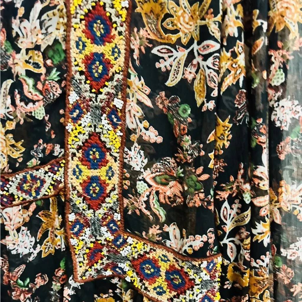 Zara Chiffon Floral Semi Sheer Beaded Embellished Pleated Keyhole Top Medium - Image 8