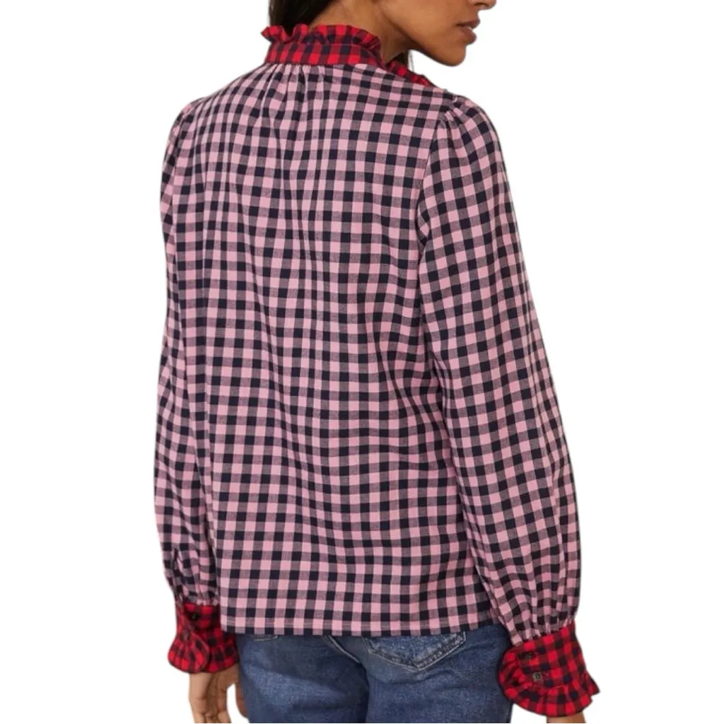 Boden Women’s Size 2 Red Pink Checkered Cotton Isla Frill Detail Blouse Shirt - Image 5